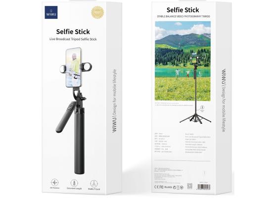 WiWU Wi-SE012 Live Broadcast Selfie Stick with Filled Lights + Remote Control Bluetooth for Smartphone - Black